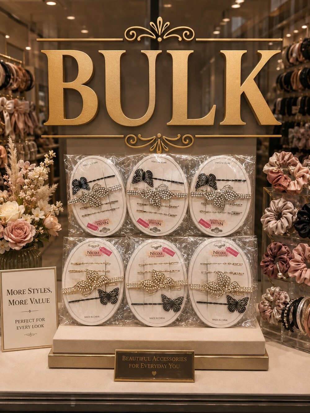 BULK Nicole Black Floral Hair Clip/barette Value Pack with Gold & Silver Accents